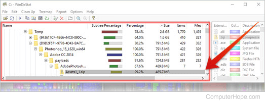 WinDirStat Directory list, with the same file selected