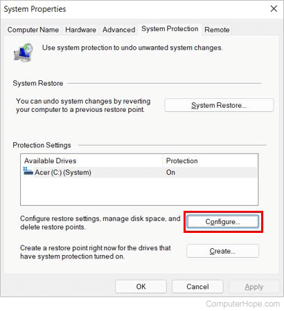 System restore configure button - Windows 11