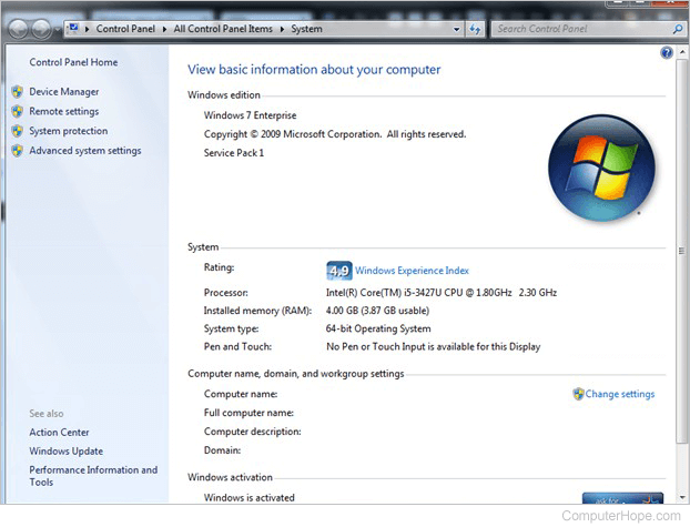 Windows 7 System Properties