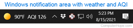 Windows 10 notification area with the weather and AQI