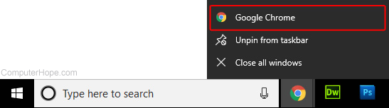 Menu shown when users right-click a taskbar shortcut.