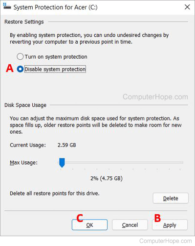 Windows 11 - disable system restore