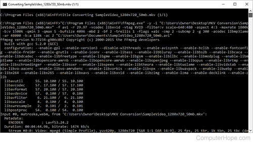 WinFF displays verbose output during conversion. Close the terminal window when conversion is complete.