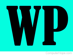 WP in black lettering on aqua background.