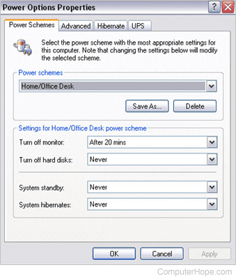 Windows XP Power Options