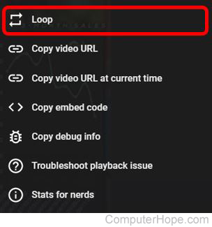 Option to loop a video in YouTube video right-click menu.