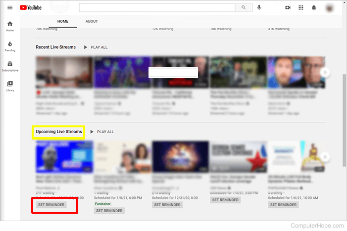 YouTube live stream set reminder