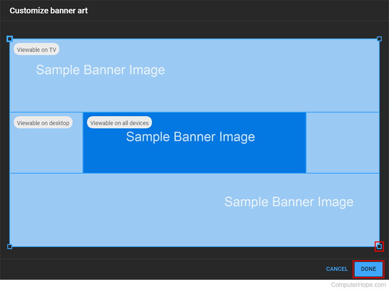 Adjusting a banner image on YouTube Studio.