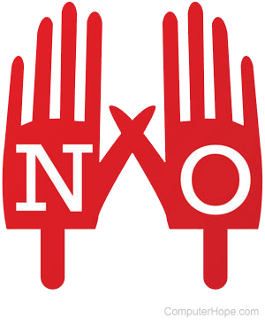 Illustrated red hands with letters N and O on the palms.